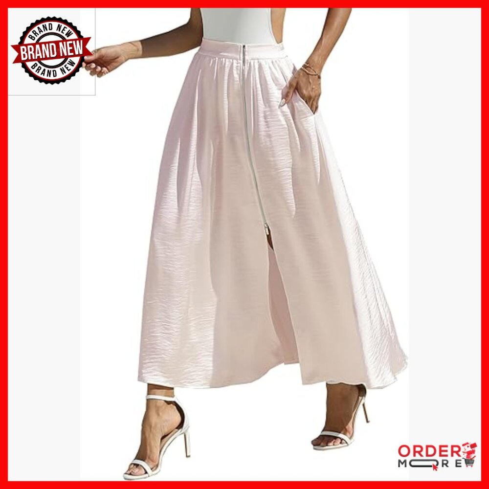 Satin Maxi Skirt With Pockets Zip Wrap Elastic Waist Slit A-Line
